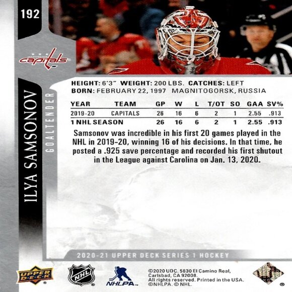 Ilya Samsonov (Washington) 2020/2021 Upper Deck Series 1 Card - Card Number 192 - Picture 2 of 2